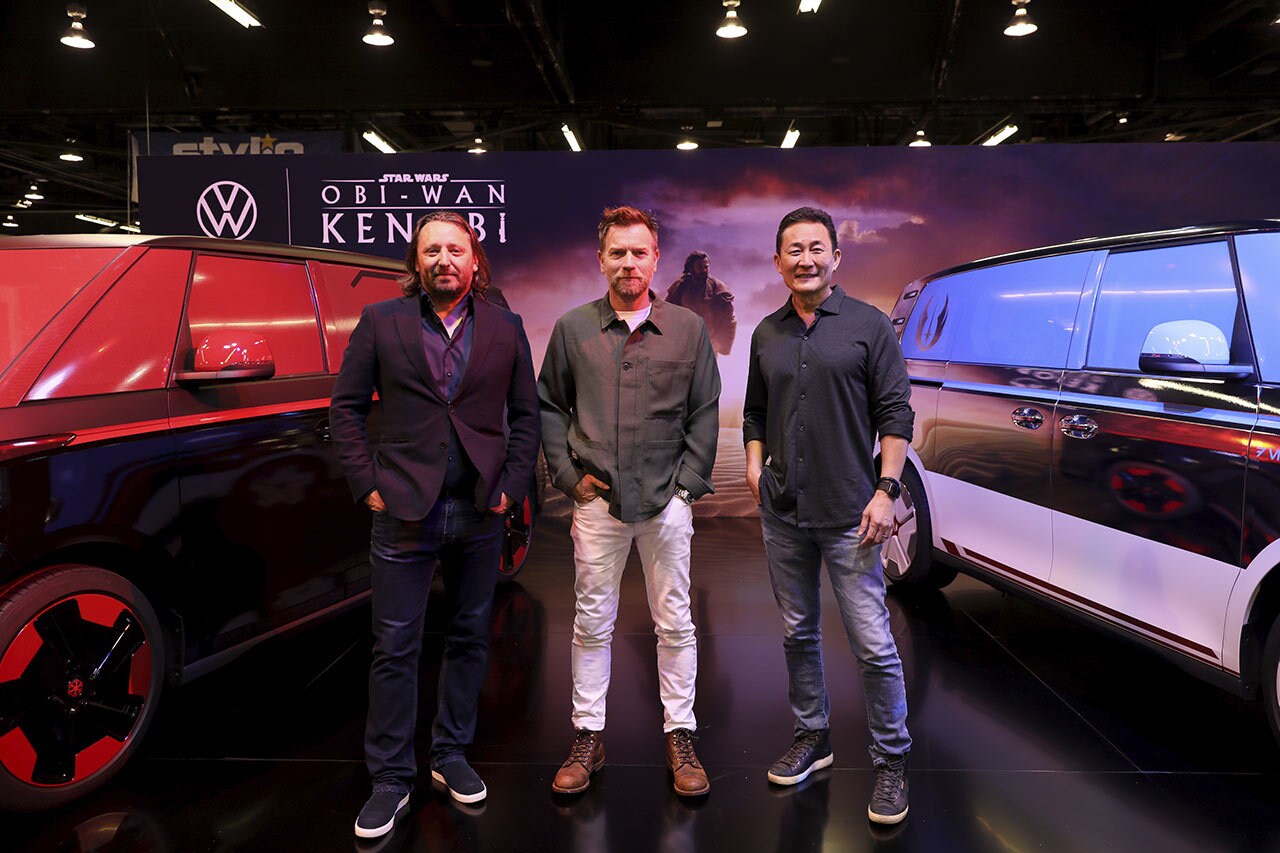 Jozef Kabaň, Ewan McGregor, and Doug Chiang at Lucasfilm and Volkswagen’s Obi-Wan Kenobi-Inspired Vehicles set at Star Wars Celebration