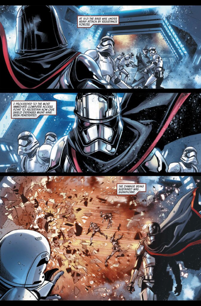 Three completed panels of artwork by artist Marco Checchetto for the comic book miniseries Captain Phasma. The panels show Captain Phasma and stormtroopers in a corridor of the Death Star as they come under attack by the Rebel Alliance.