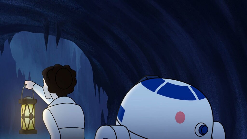 Princess Leia holds a lantern in front of her while R2-D2 follows behind as they make their way through a corridor in Star Wars Forces of Destiny.