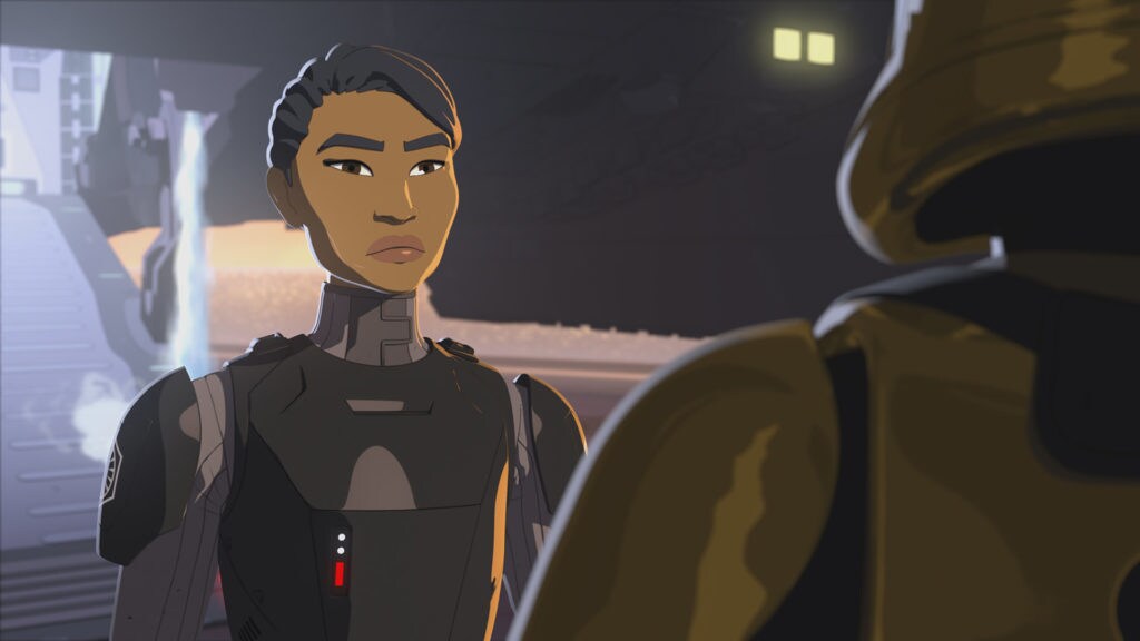 Agent Tierny speaks with Commander Pyre in Star Wars Resistance.