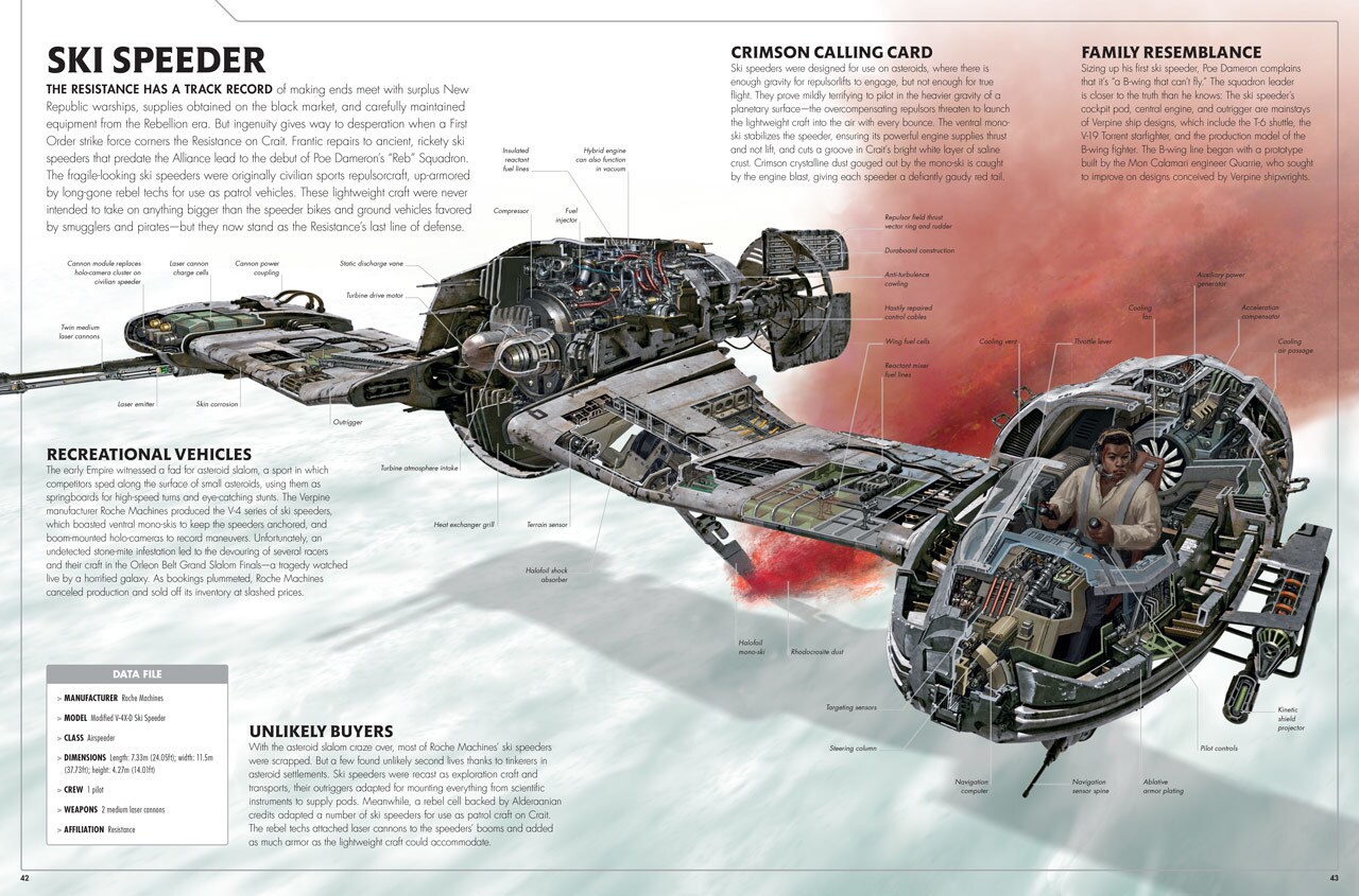 A page from the book Star Wars: The Last Jedi - Incredible Cross-Sections shows Finn piloting a cross-sectioned ski speeder along with detailed descriptions of its functions and history.