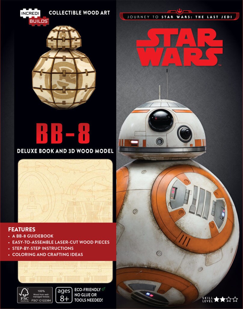 Packaging for a wooden model of BB-8.
