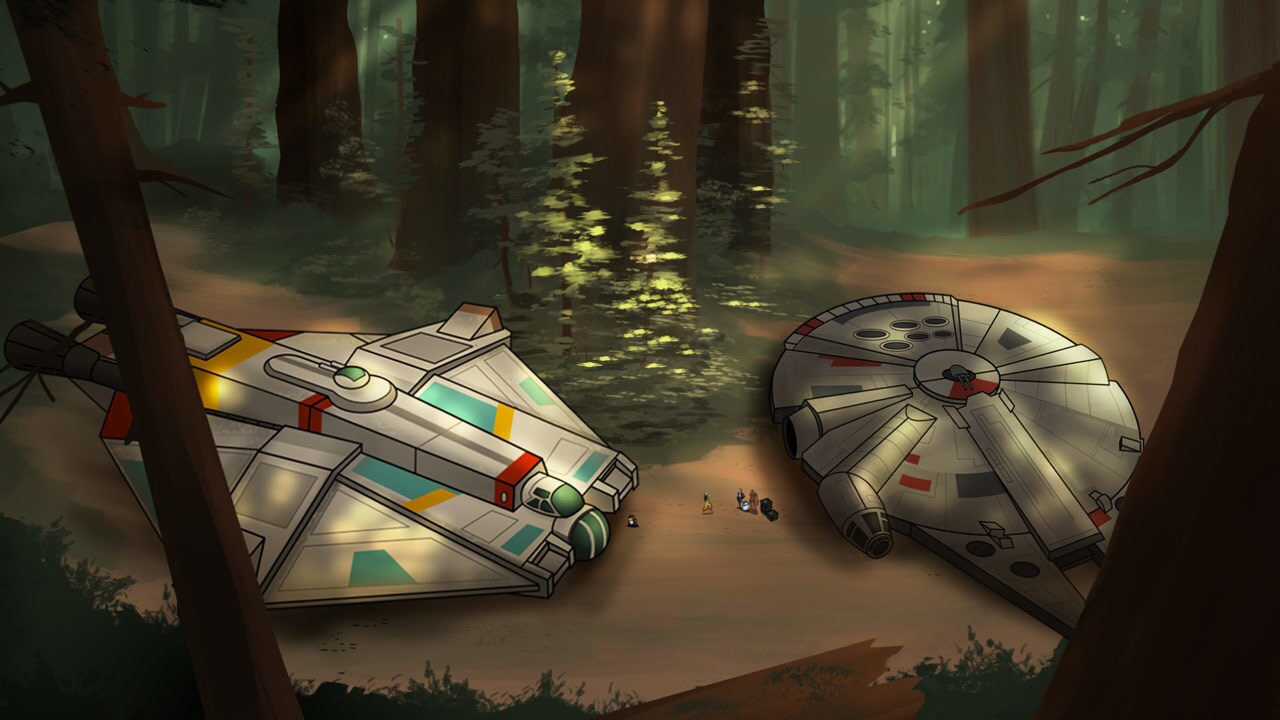 The Millennium Falcon and The Ghost parked in a forest in Forces of Destiny.