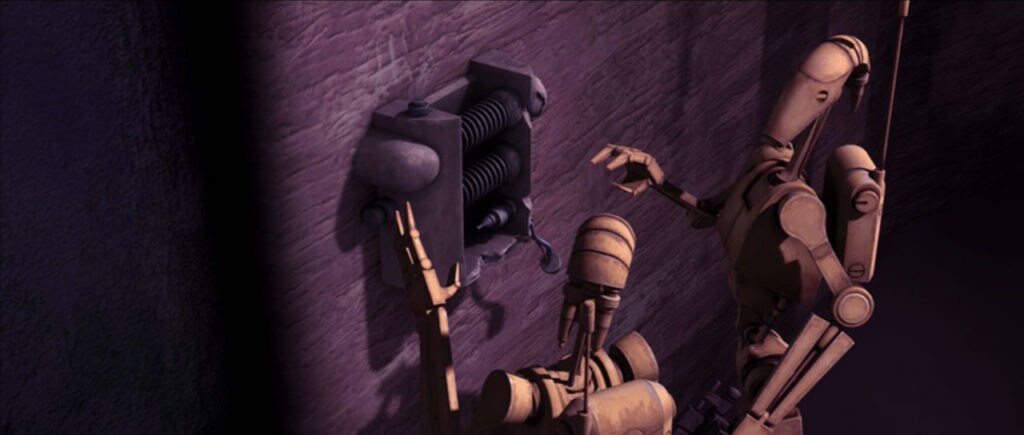 Two B1 battle droids argue in front of a door control in The Clone Wars.