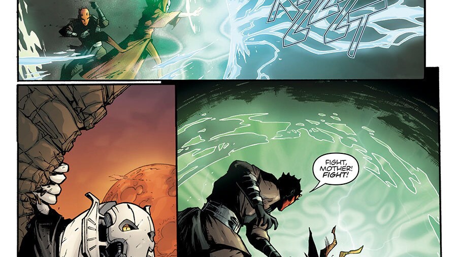 A scene from the "Son of Dathomir" comic depicting Mother Talzin's defense of Maul on Dathomir