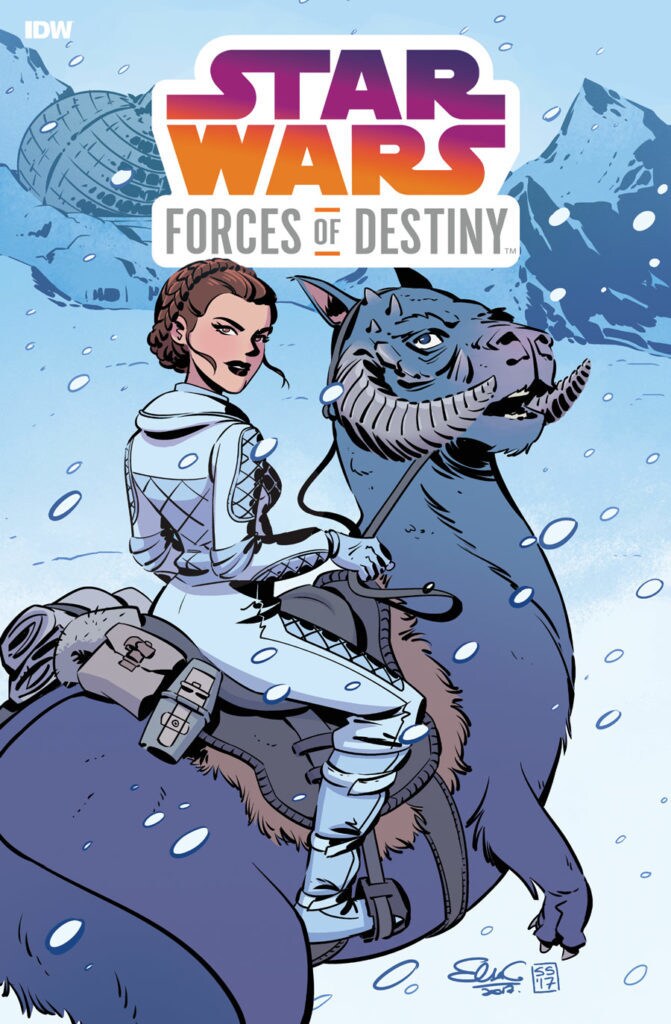 Princess Leia rides a tauntaun on the snowy terrain of Hoth on the cover of the comic book Star Wars Forces of Destiny: Leia.