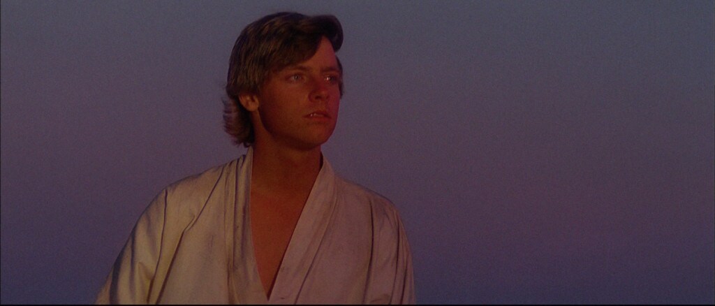 Luke Skywalker looks out at the horizon on Tattooine in A New Hope.
