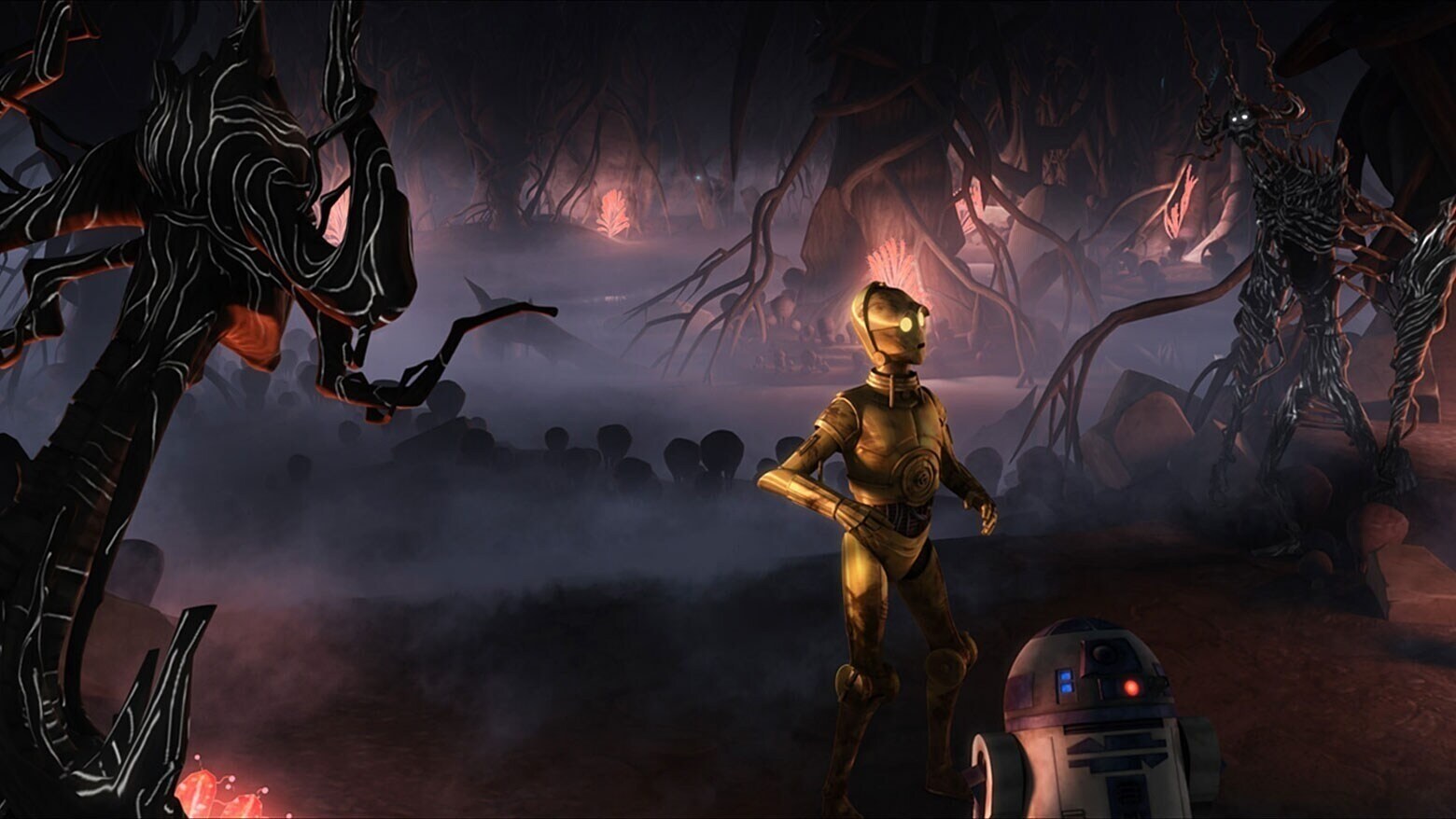 R2-D2 and C-3PO on the planet Aleen in The Clone Wars