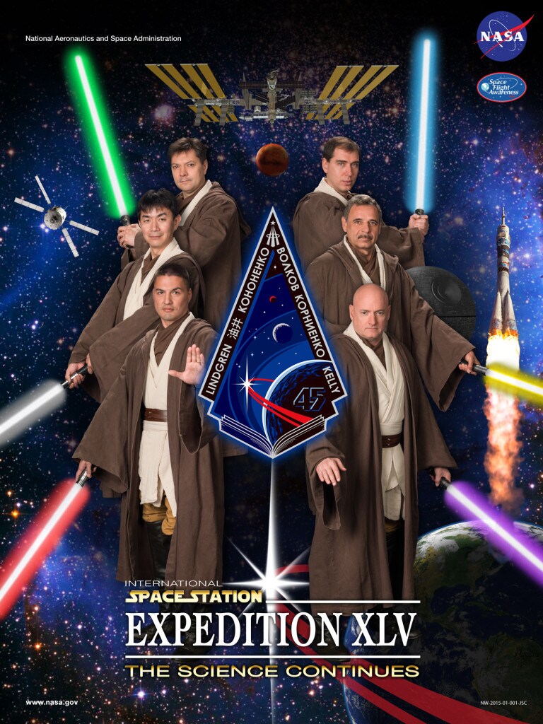 The Jedi crew of Expedition 45 (clockwise from top right): Sergei Volkov, Mikhail Kornienko, Scott Kelly, Kjell Lindgren, Kimiya Yui, and Oleg Kononenko. 