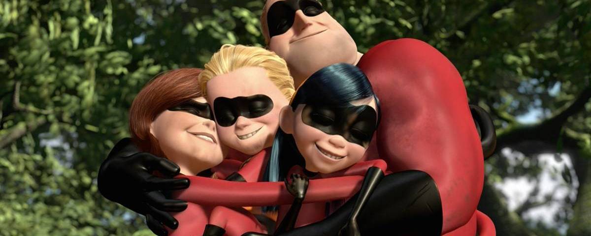 The Incredibles hug each other.