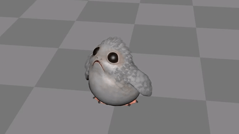 A digitized baby porg flaps its wings and turns its head while squawking as it stands on a grey checkered background.
