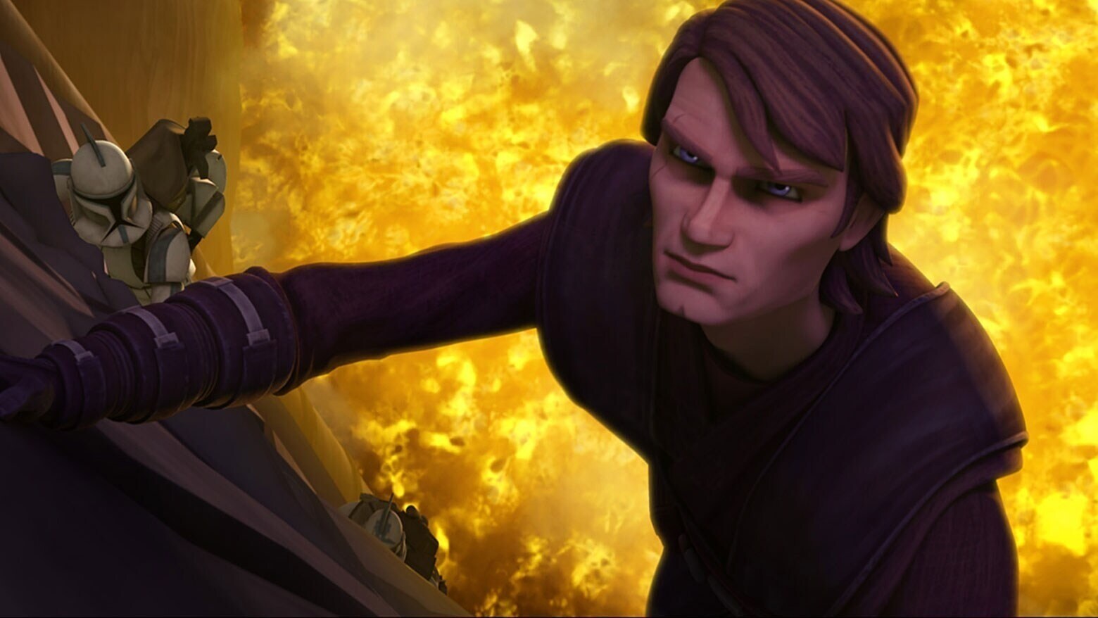 Anakin Skywalker free climbing into The Citadel with yellow lava below