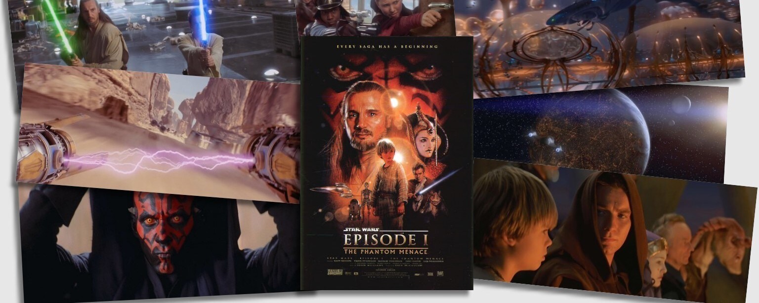 A Star Wars: The Phantom Menace DVD surrounded by still frames of iconic scenes from the film.