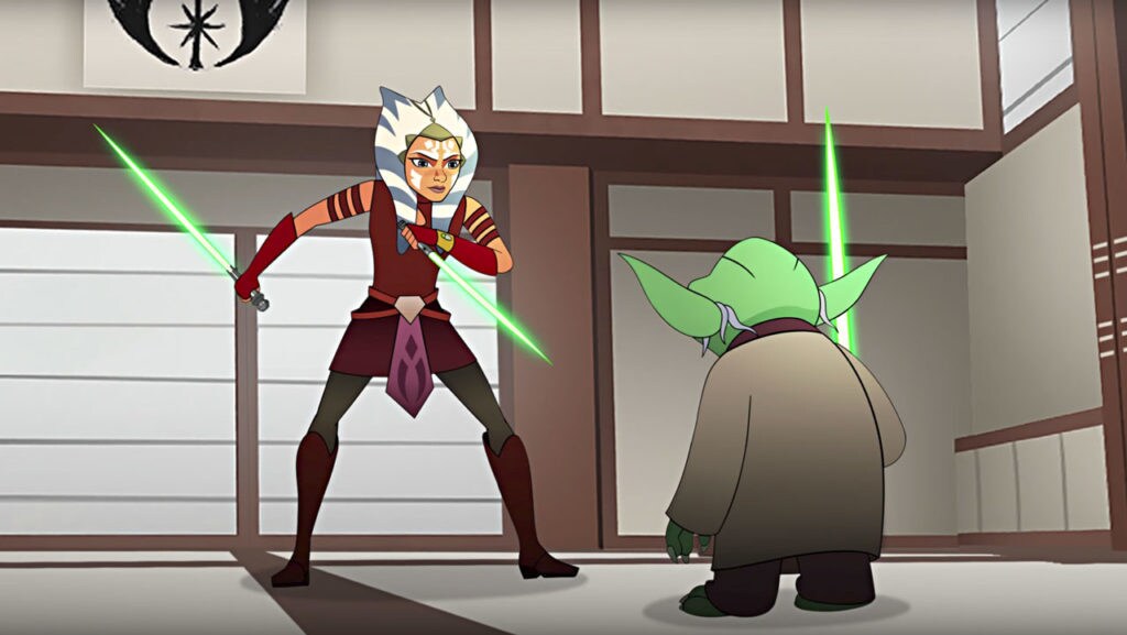 Ahsoka Tano uses two lightsabers while training with Yoda in Star Wars Forces of Destiny.