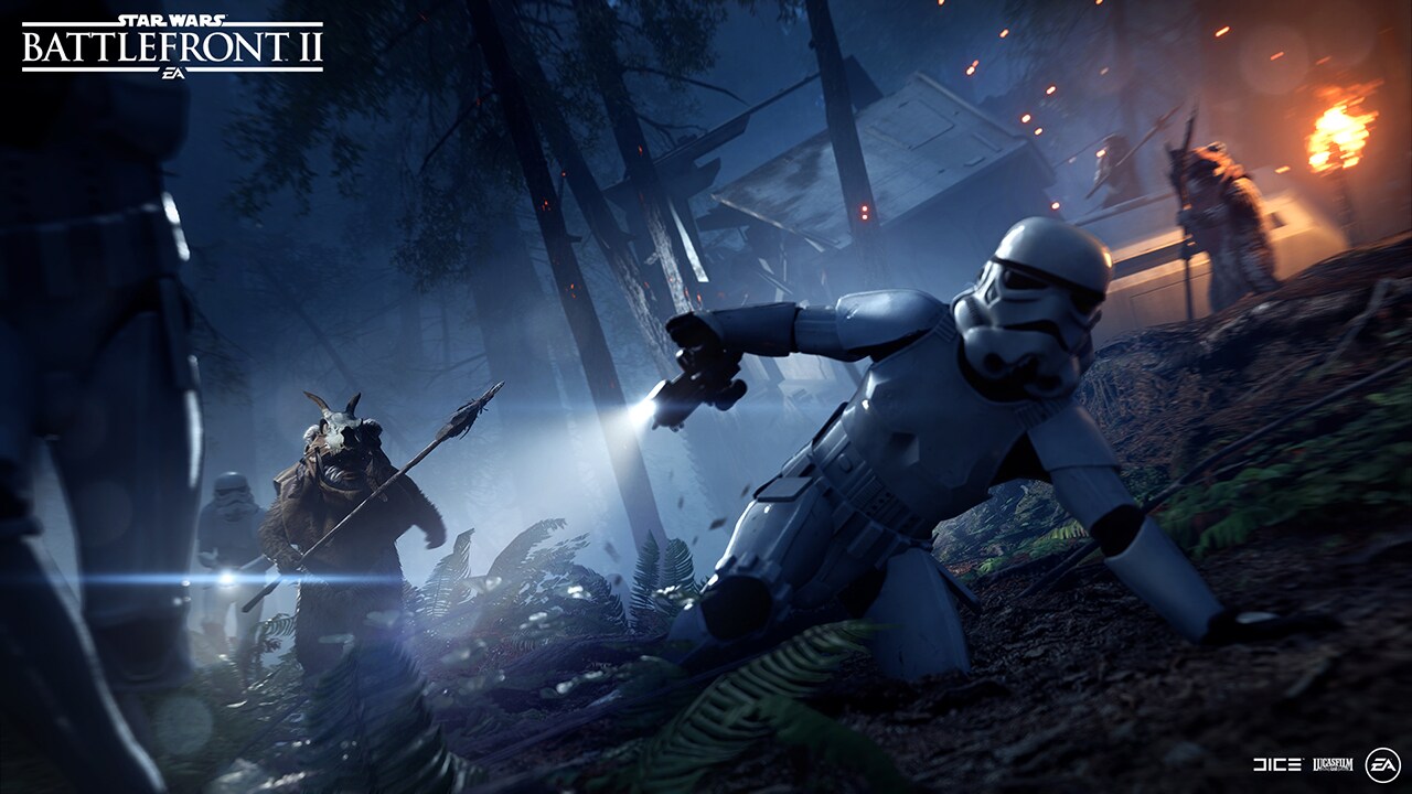 A Stormtrooper is taken down by a group of Ewoks in Star Wars Battlefront II.
