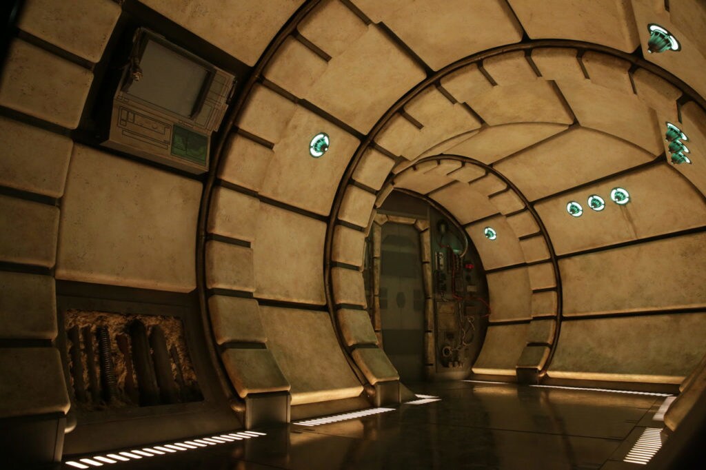 A hallway inside the Millennium Falcon at Disney's Star Wars: Galaxy's Edge.