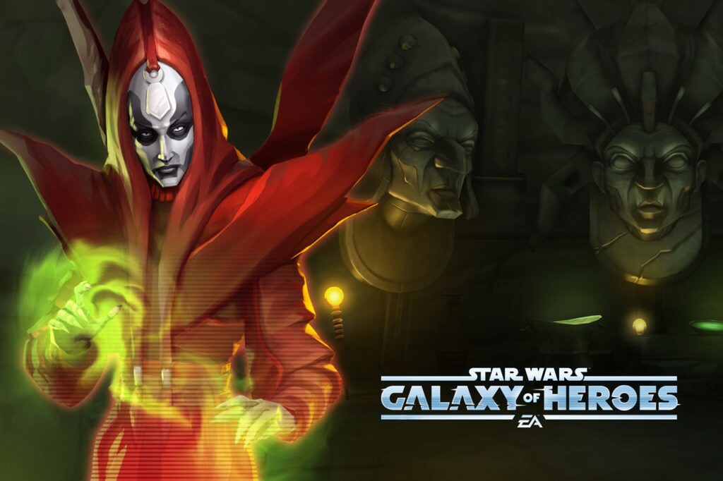 Mother Talzin moves her hands with green mist swirling around them while large stone sculptures of heads appear on a wall behind her in advertising art for the game Star Wars: Galaxy of Heroes.