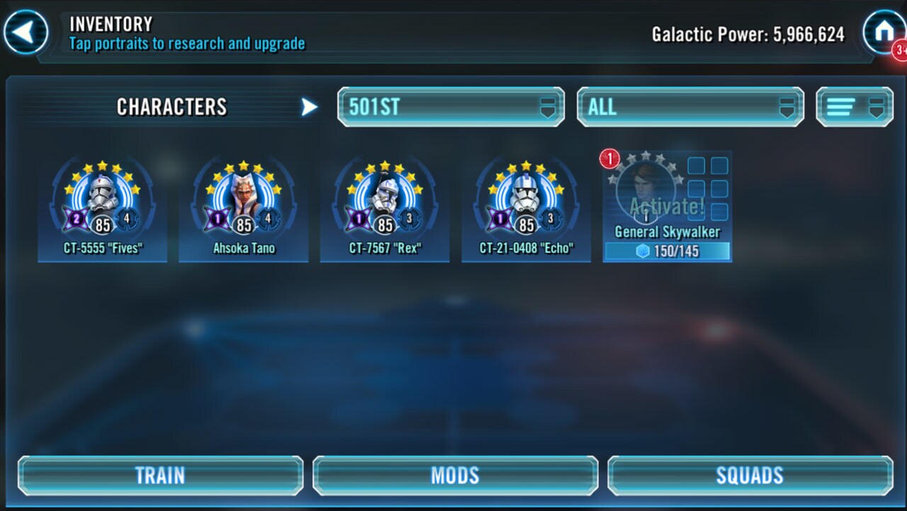Character inventory screen in Star Wars: Galaxy of Heroes