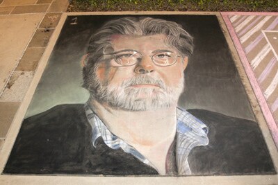<b>Most Amazing Chalk Portrait of George Lucas... EVER!:</b> Tim Mueller <br>(Photo: Stacey Leong)