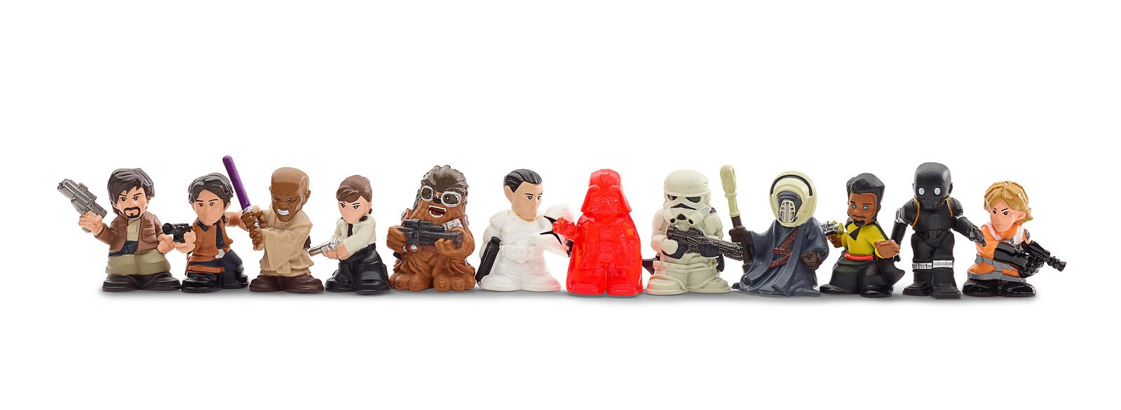 A row of Star Wars Micro Force miniature figures.