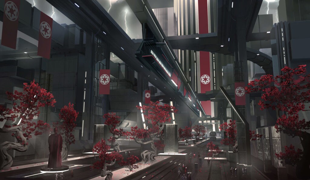 The Vardos cityscape decked out with Imperial decor, including Imperial flags and red flowering trees.