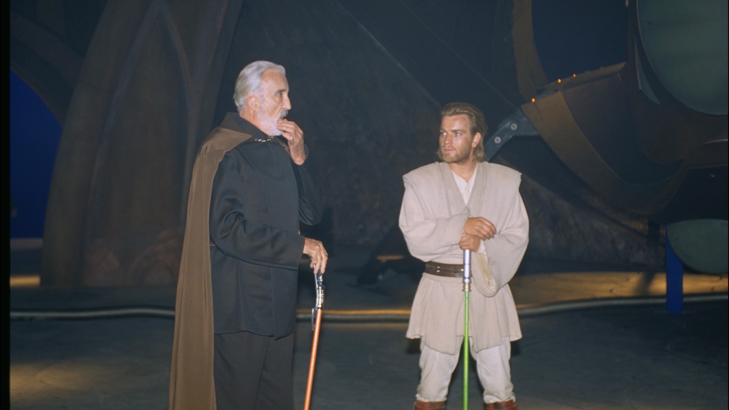 Christopher Lee talks with Ewan McGregor on the set of Attack of the Clones