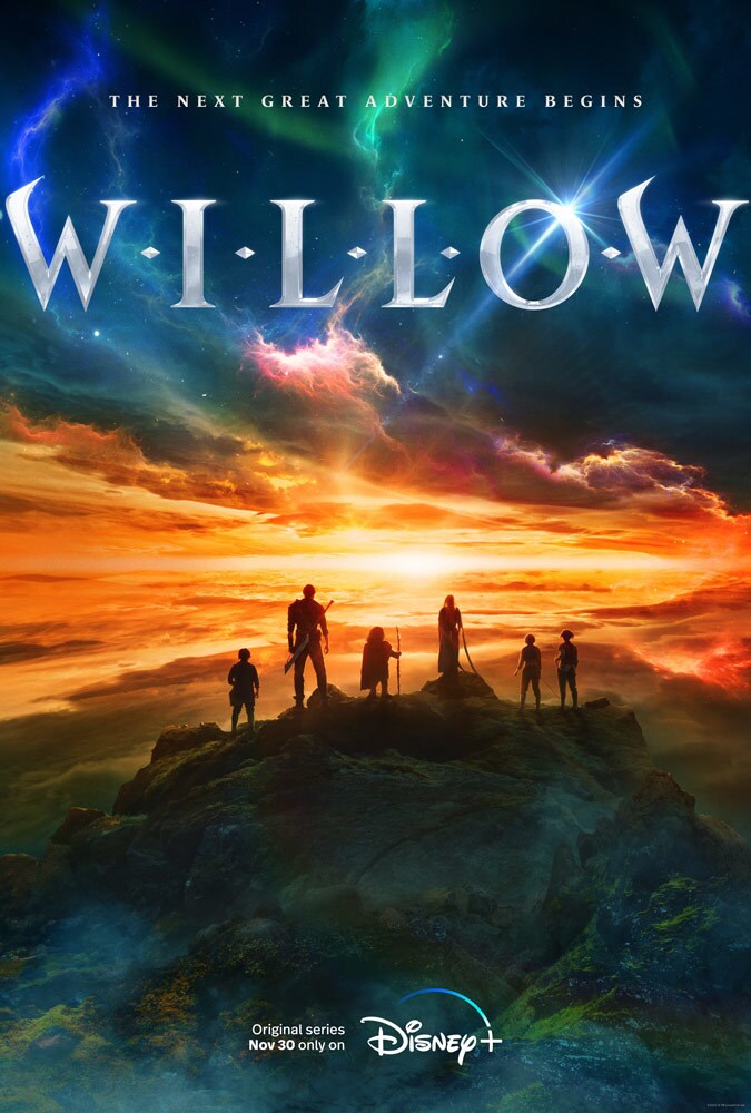The official poster for Willow on Disney+, featuring several characters looking to the distance.