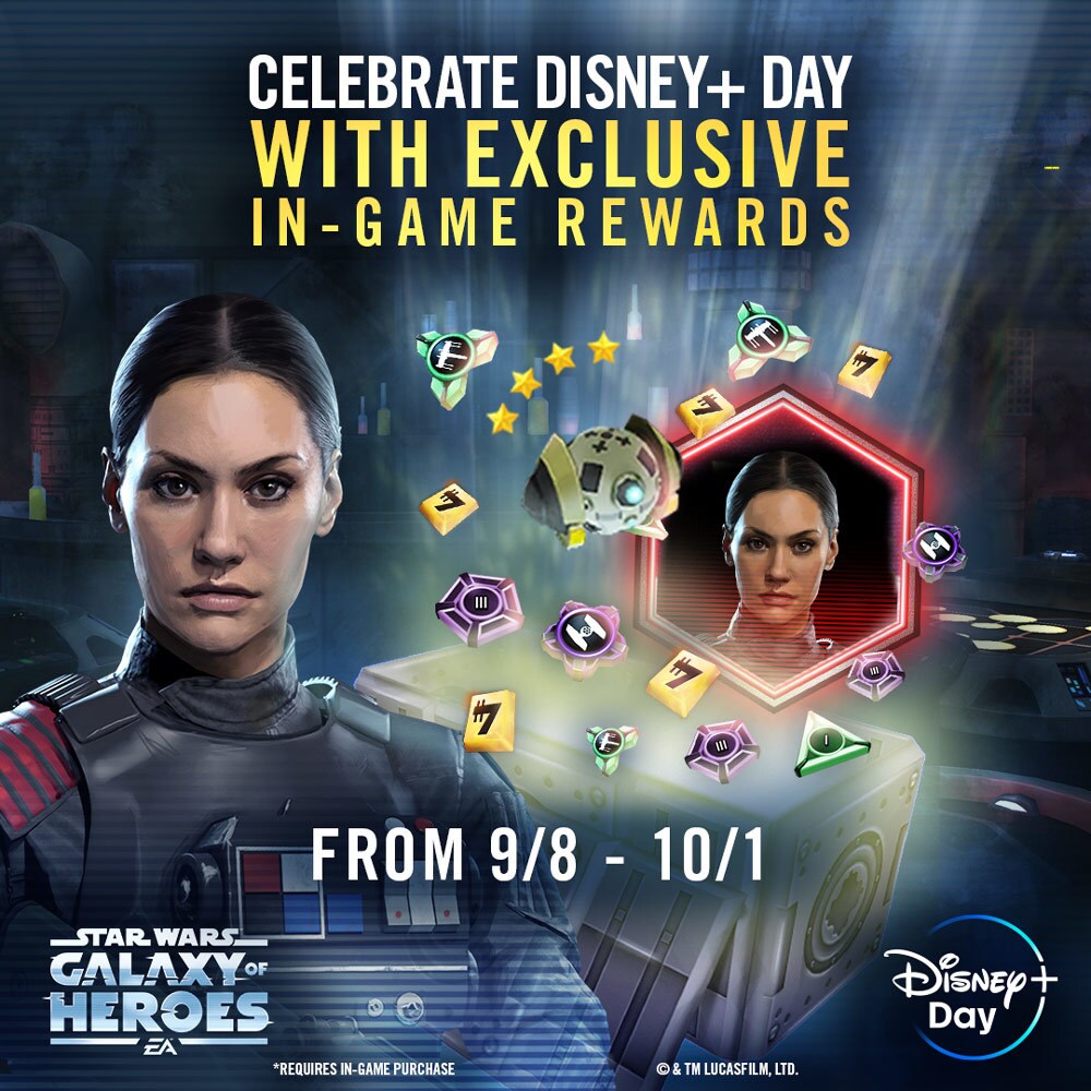 Promo image for Star Wars: Galaxy of Heroes on Disney+ Day, featuring Iden Versio character art.