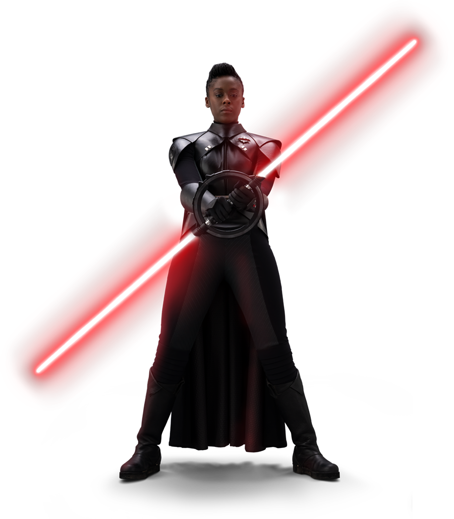Reva stands with her lightsaber ignited.