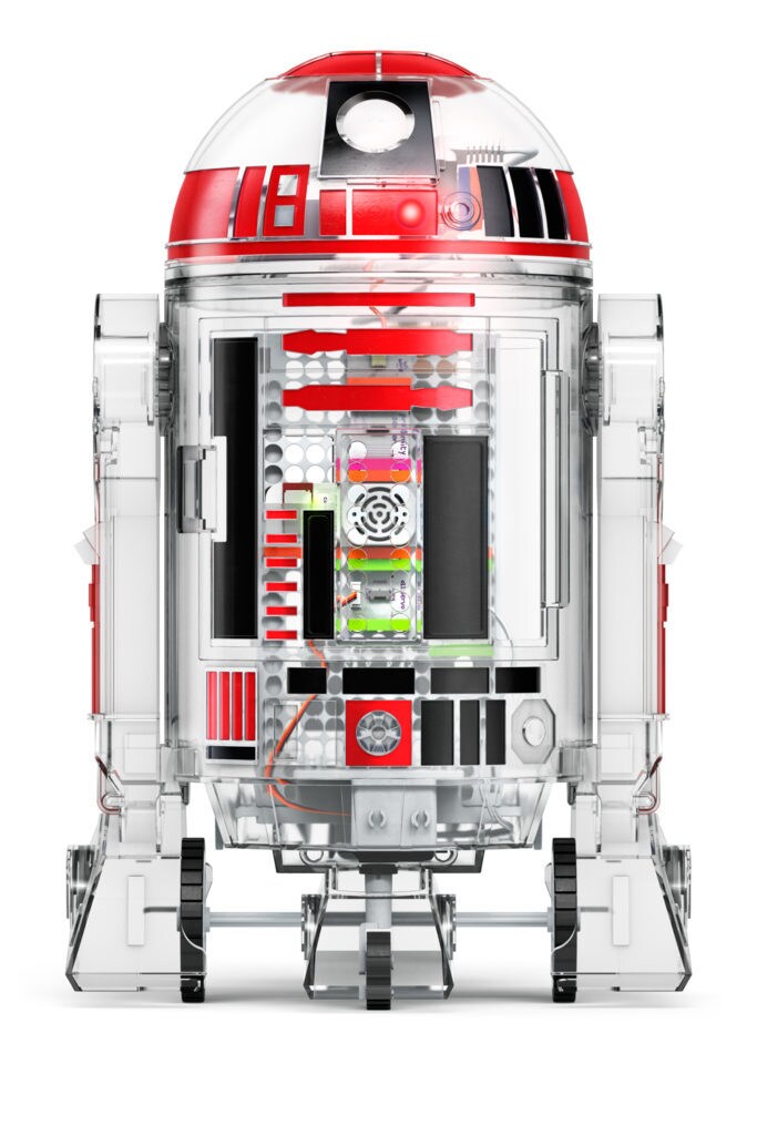 A littleBits Droid R2-D2 with red details.