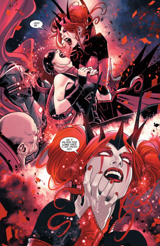 A comic page from The Screaming Citadel depicts the vampiric Queen of Ktath'atn feeding on a victim.