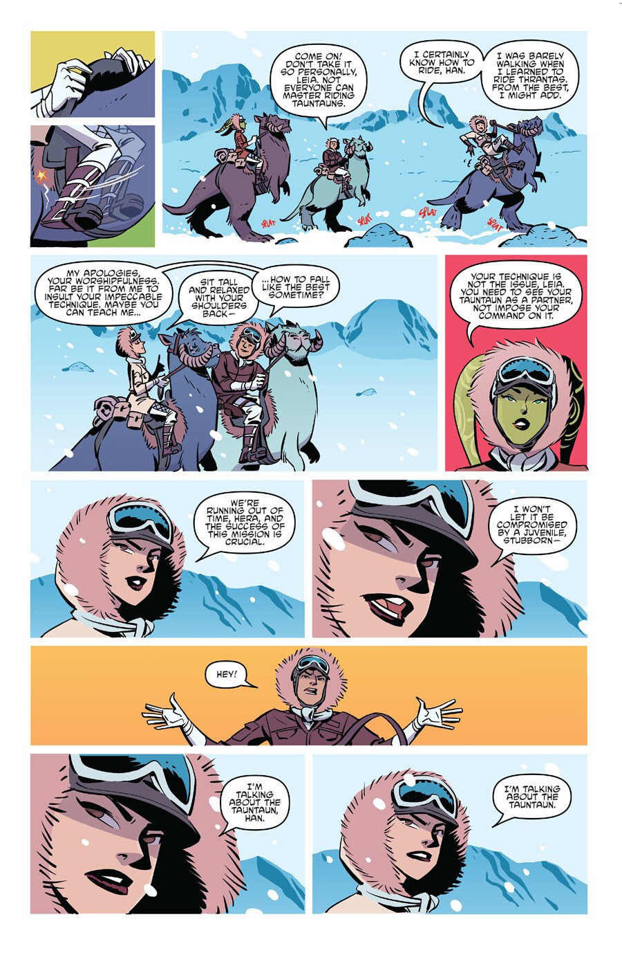 Princess Leia rides a Taunton on Hoth with Han Solo in a page from the comic book Star Wars Forces of Destiny: Leia.