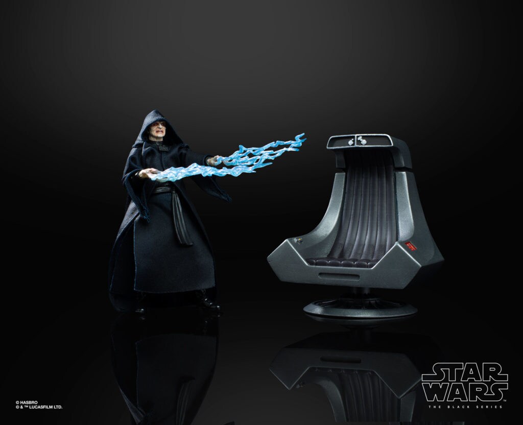 An Emperor Palpatine action figure with lightening shooting from his hands next to his throne.