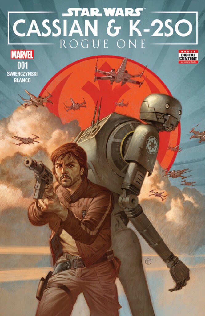 Cassian Andor, aiming a blaster pistol, stands back-to-back with K-2SO on the cover of their self-titled comic book.