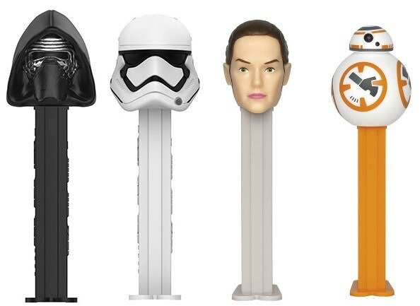 Kylo Ren, stormtrooper, Rey, and BB-8 Pez dispensers.