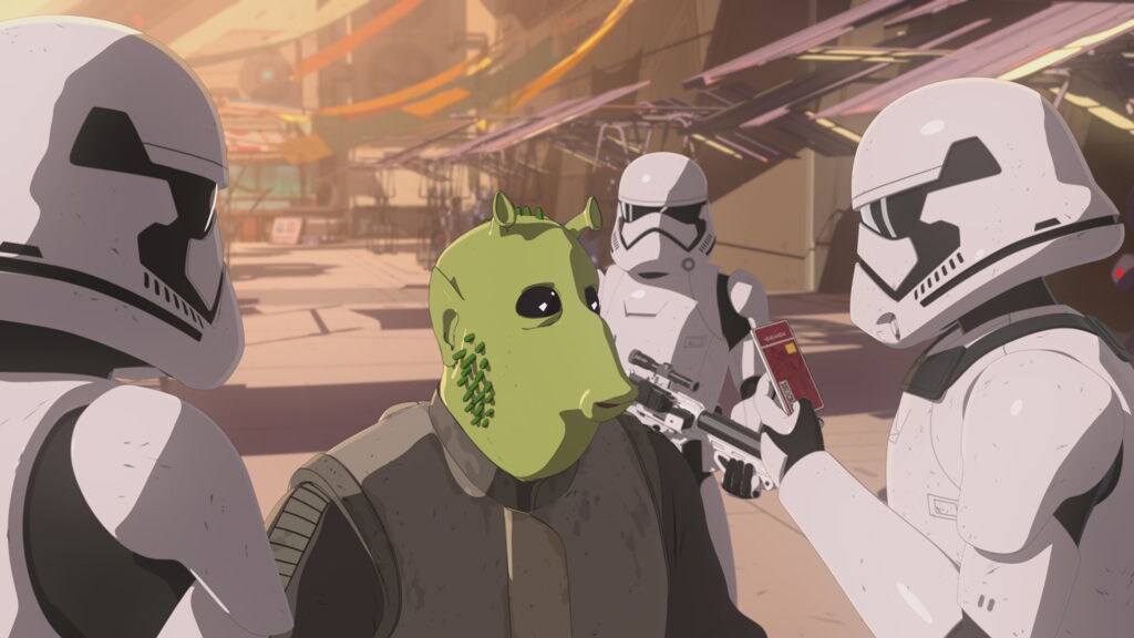 An alien shows its ID to stormtroopers on the Colossus in Star Wars Resistance.