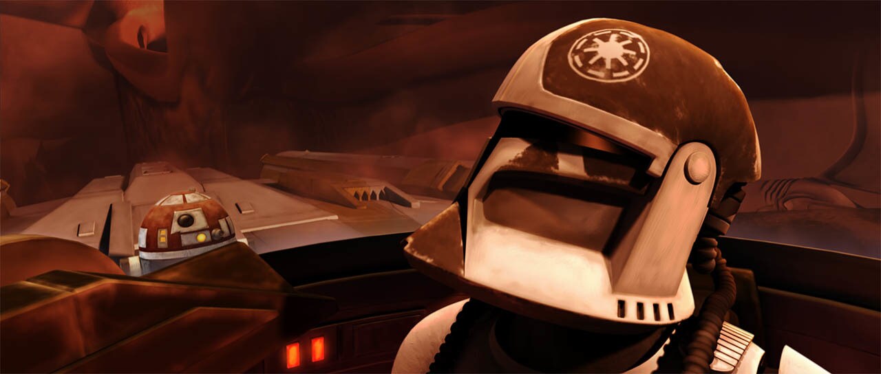 A clone trooper pilots a vehicle with an astromech on board behind him in The Clone Wars.