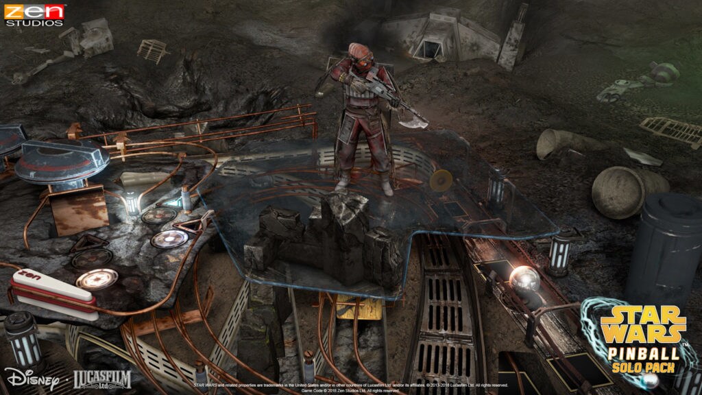 A screenshot of the Battle of Mimban table from the Star Wars Pinball: Solo Pack.