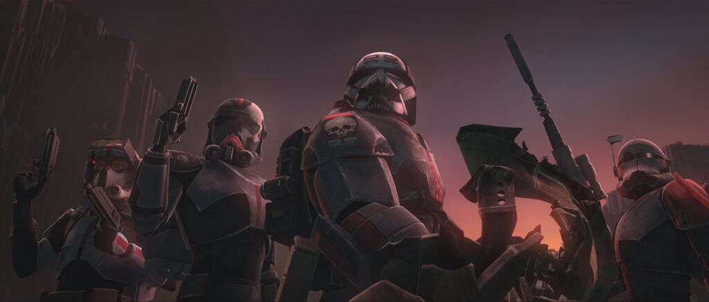 Clone Force 99 stand together wielding their weapons in The Clone Wars.