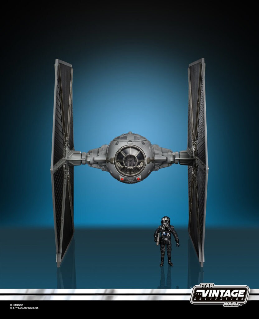A TIE fighter toy and TIE fighter pilot action figure by Hasbro.