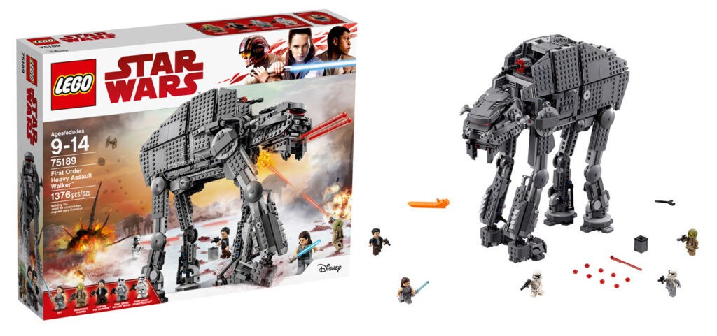 A LEGO First Order Heavy Assault Walker, completely assembled next to its original box.