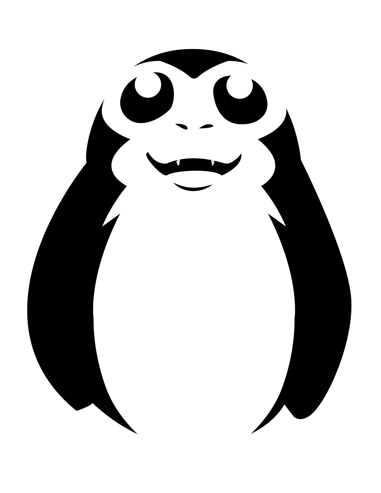 A smiling porg depicted in a minimalist black-and-white graphic style.
