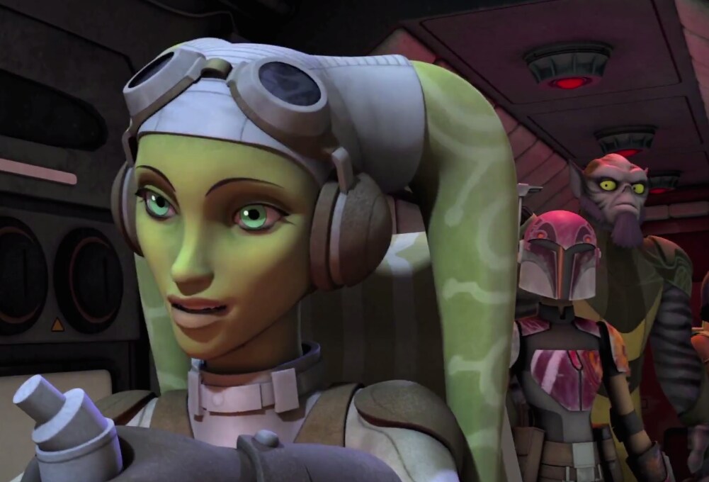 Hera Syndulla pilots a ship while Sabine and Zeb stand behind her in Star Wars Rebels.