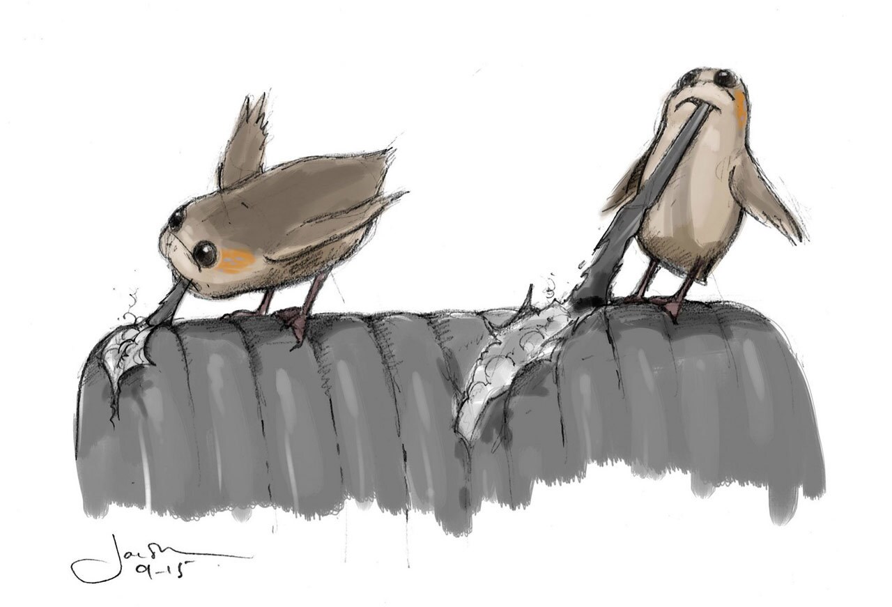 A concept sketch of porgs ripping apart a seat cushion.