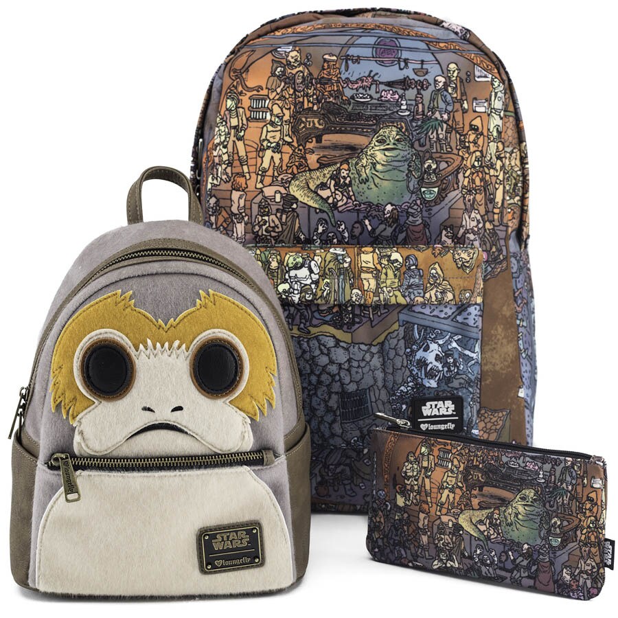 A backpack made decorated with the face of a Porg and a Jaba's palace print backpack with matching pencil case.