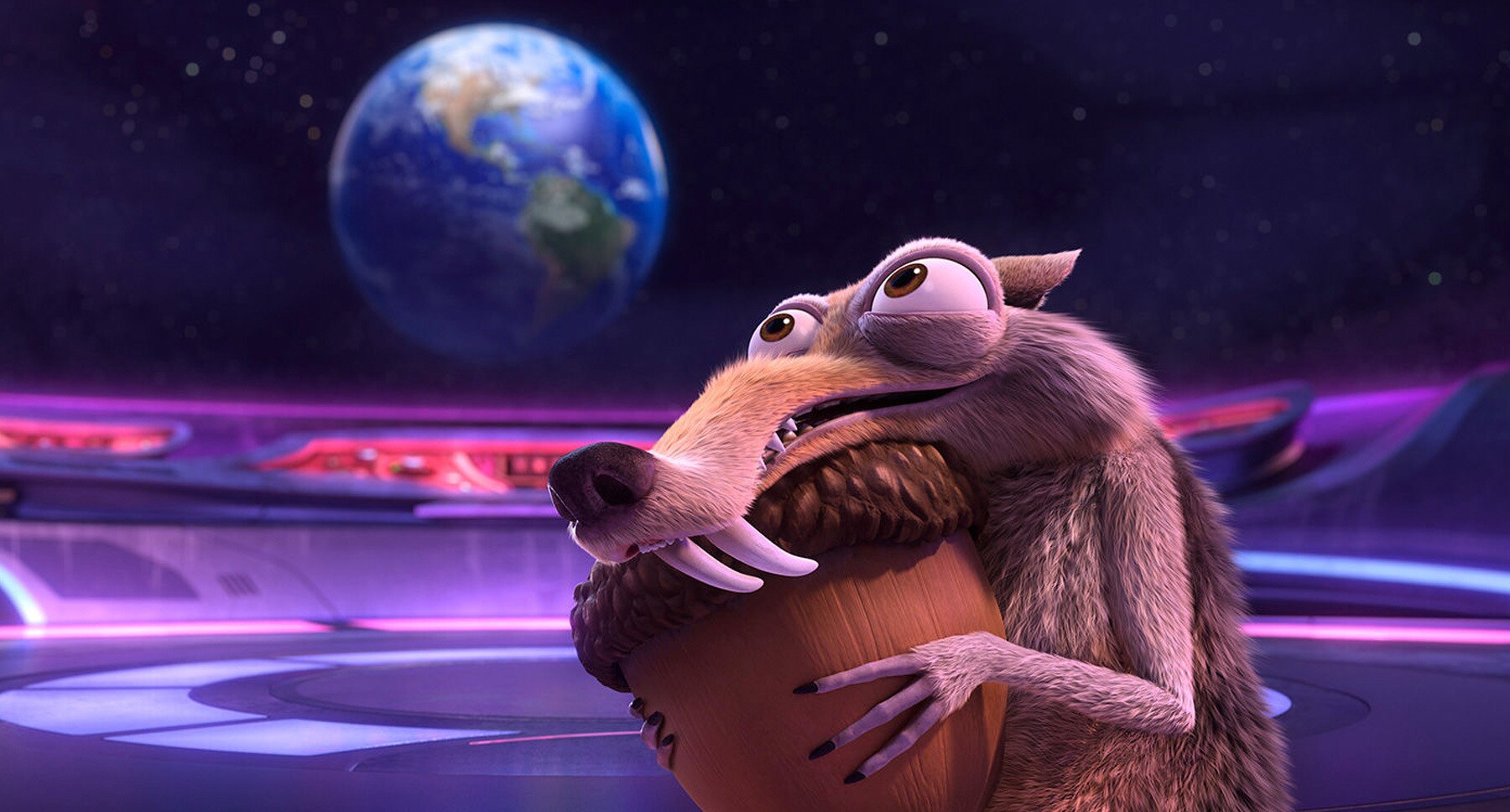 Actor Chris Wedge as Scrat holding an acorn in the movie "Ice Age: Collision Course"