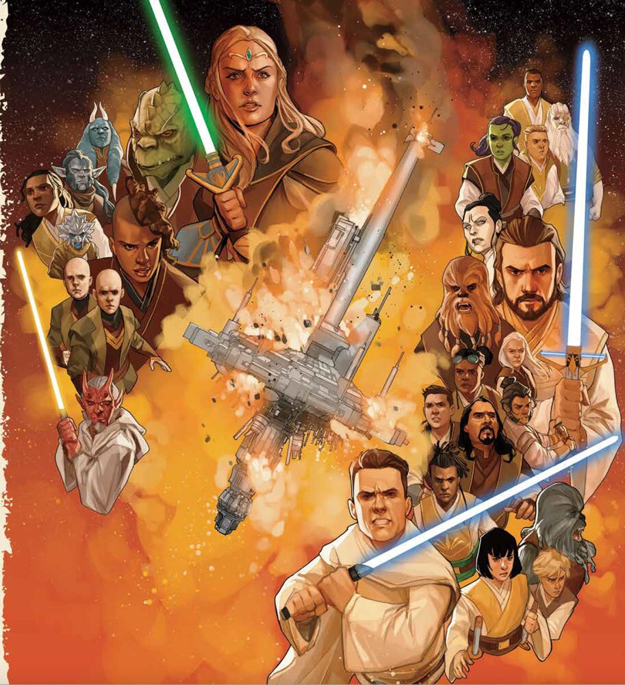 Jedi and various characters, and an exploding Starlight Beacon, on a poster included with the Barnes & Noble edition of Star Wars: The High Republic: The Fallen Star.