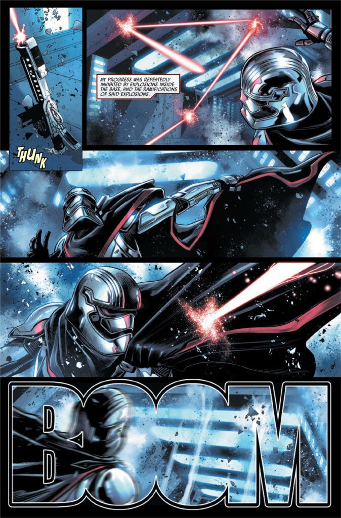 Completed artwork in five panels by artist Marco Checcetto for the comic book miniseries Captain Phasma. The panels depict Captain Phasma contending with an attack by the Rebel Alliance.