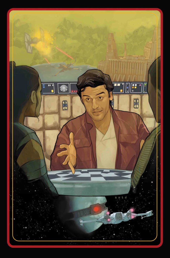 Poe Dameron sits at the Millennium Falcon's holochesstable.