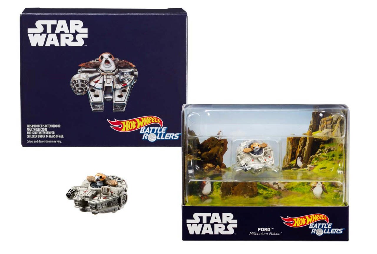 A porg and Millennium Falcon toy from Mattel Hot Wheels Battle Rollers along with its original packaging.